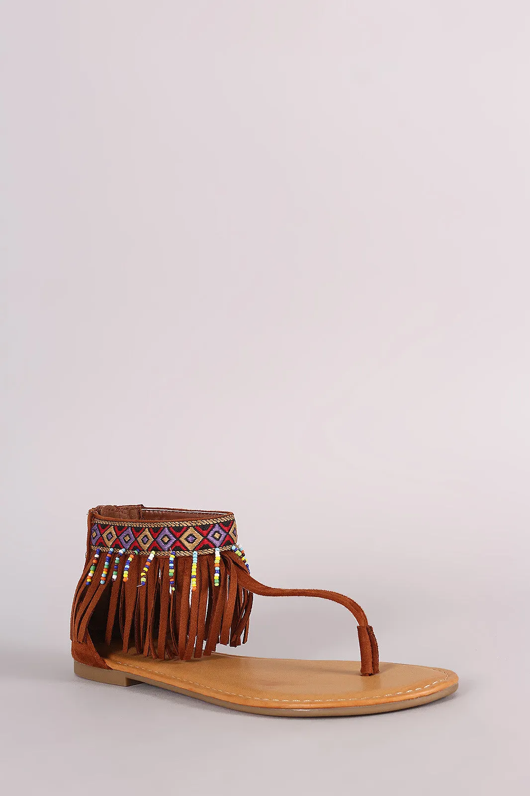 Bamboo Suede Embroidered Fringe Cuff T-Strap Flat Sandal