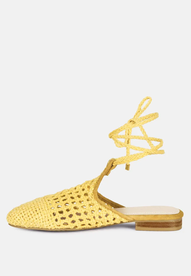 BARTSI Yellow Handwoven Tie Up Flat Mules