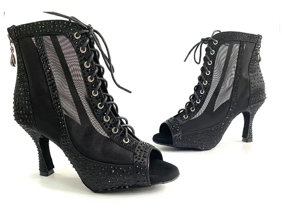 Dancing Boots Black Rhinestone Bachata Salsa Dance Shoes