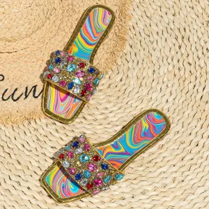 Glittering Rhinestone Slide Sandals for Women - Stylish Square Toe, Flat Comfortable Summer Shoes - Ultra-Lightweight & Fashion-Forward Accent