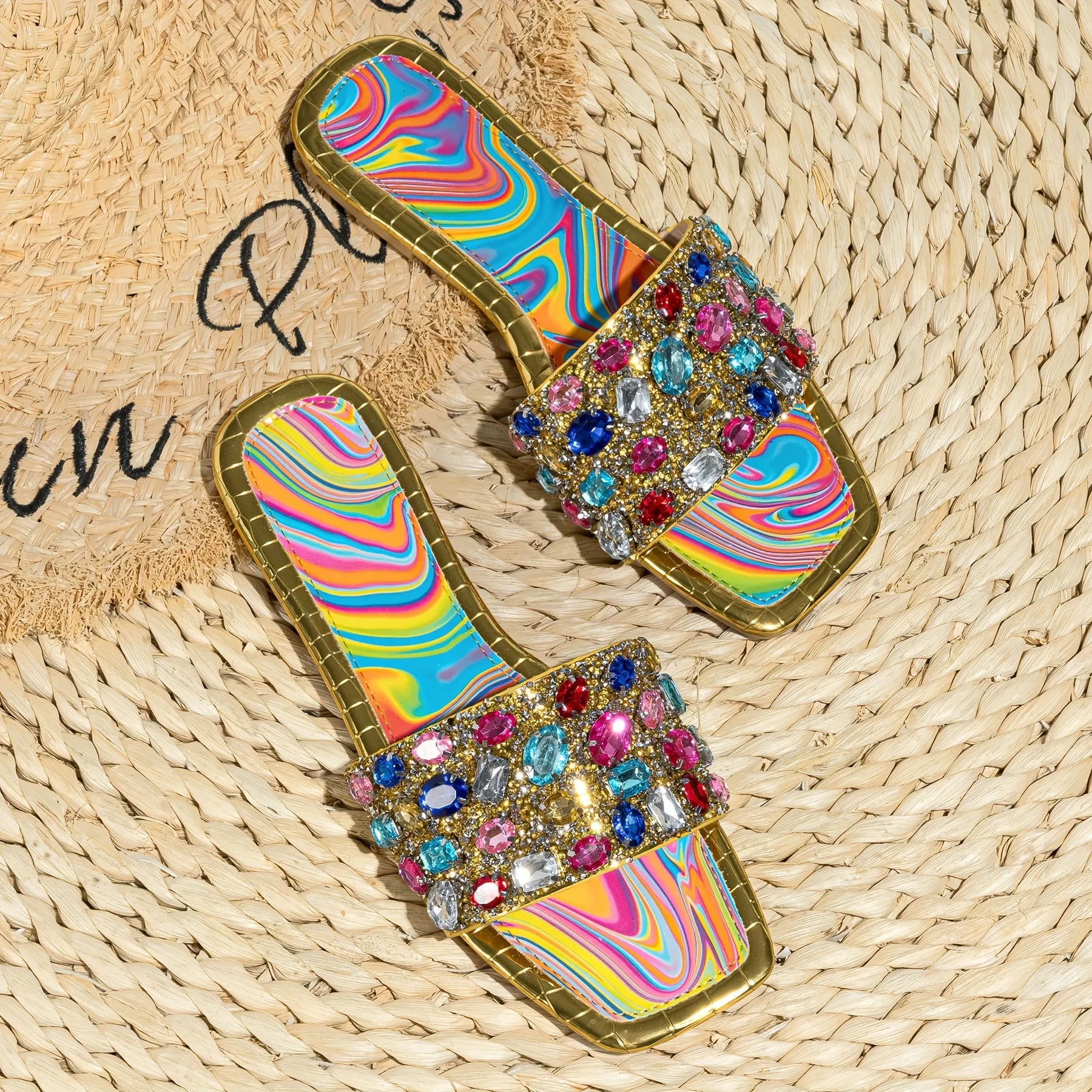 Glittering Rhinestone Slide Sandals for Women - Stylish Square Toe, Flat Comfortable Summer Shoes - Ultra-Lightweight & Fashion-Forward Accent