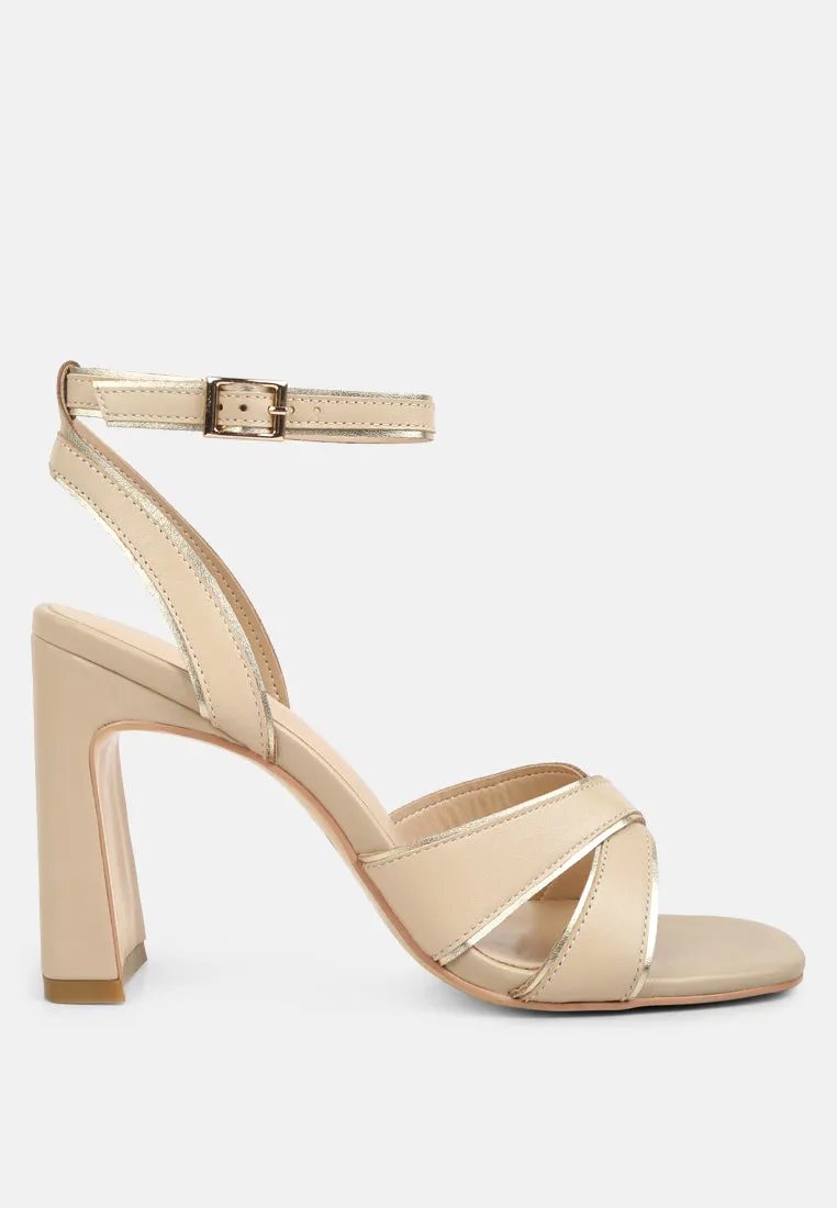 Heeri Beige Metallic Lined Slim Block Heel Sandals