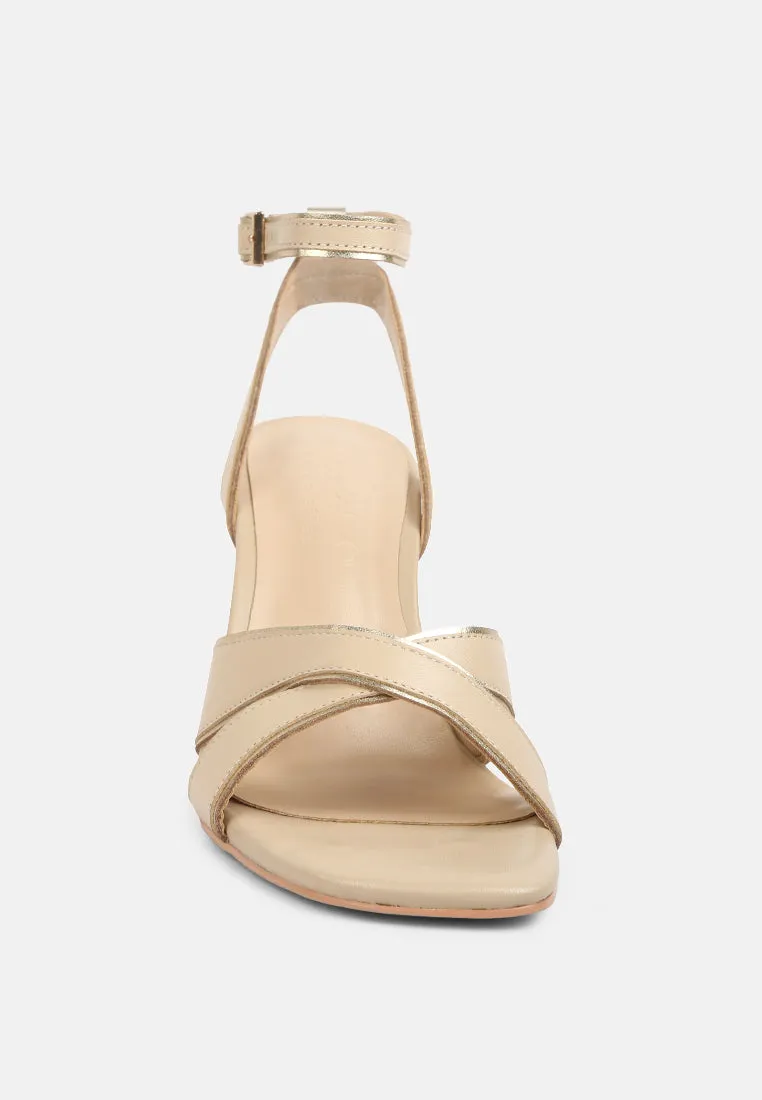 Heeri Beige Metallic Lined Slim Block Heel Sandals