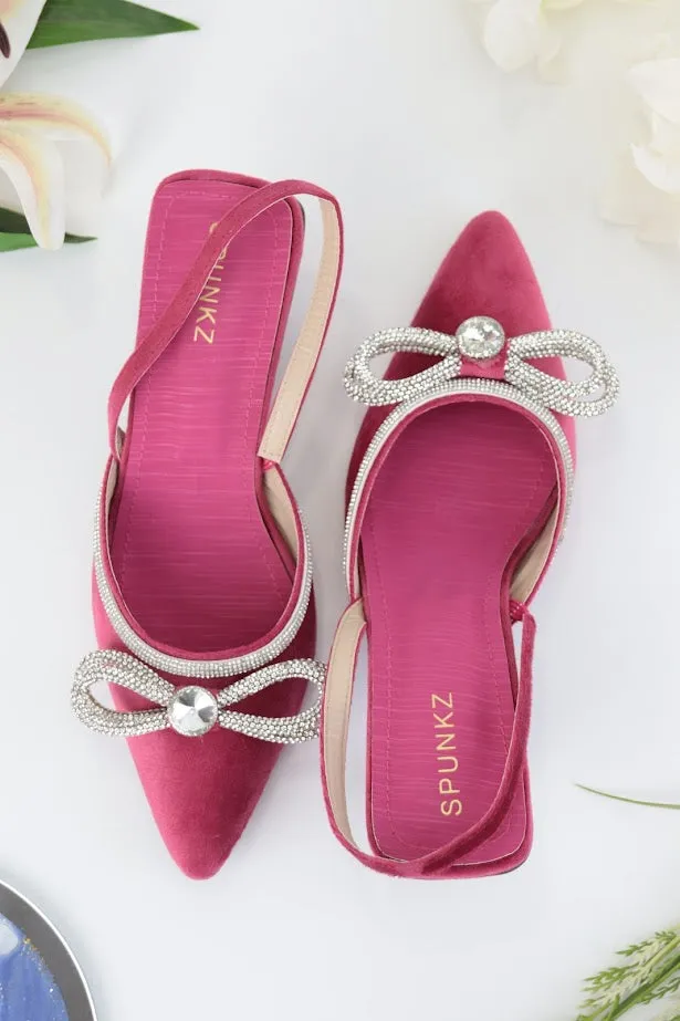 Loxi Pink Pointed Diamante Bow Low Heel