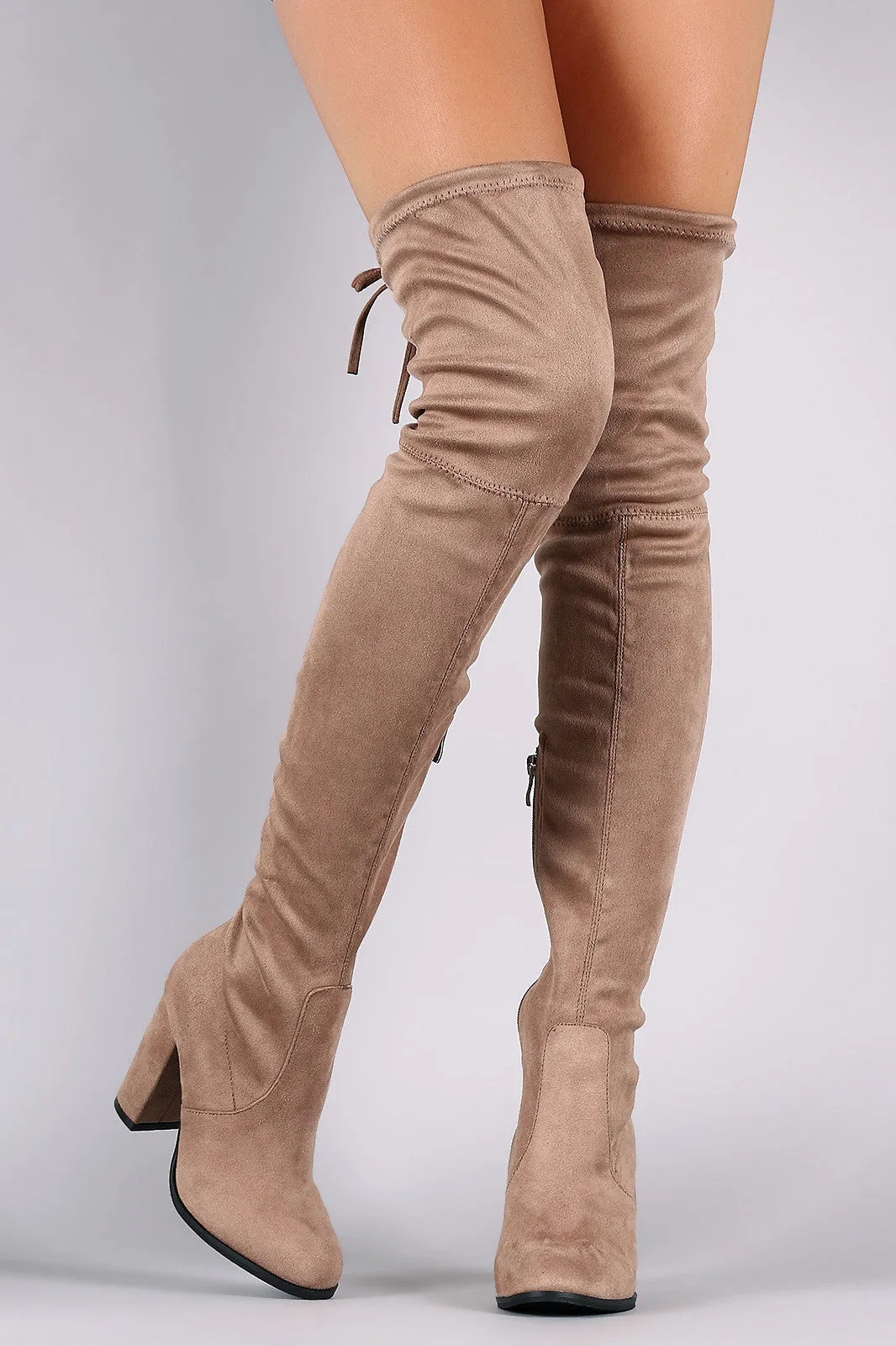 Over-The-Knee Suede Almond Toe Self-Tie Back Boots