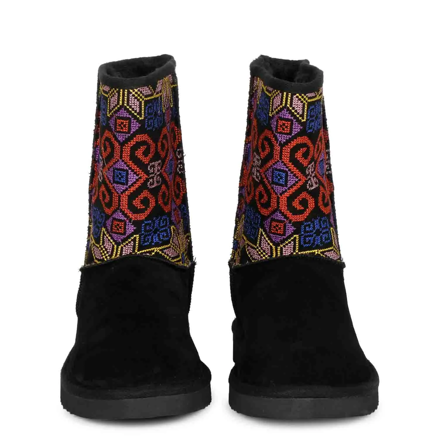 Saint Elaine Multi Embroidered Black Suede Snug Boots