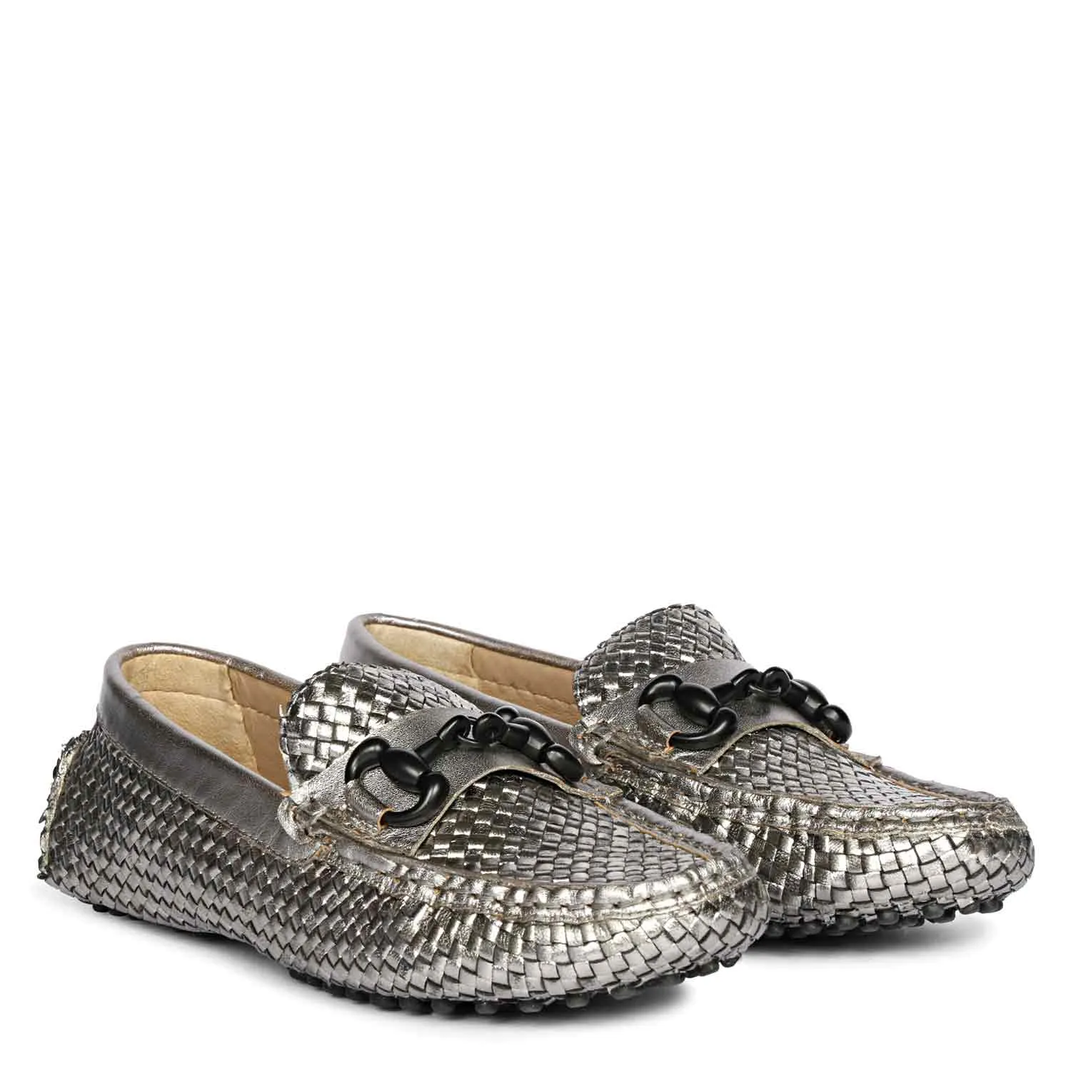 Saint Lucy Gun Metal Woven Leather Loafers