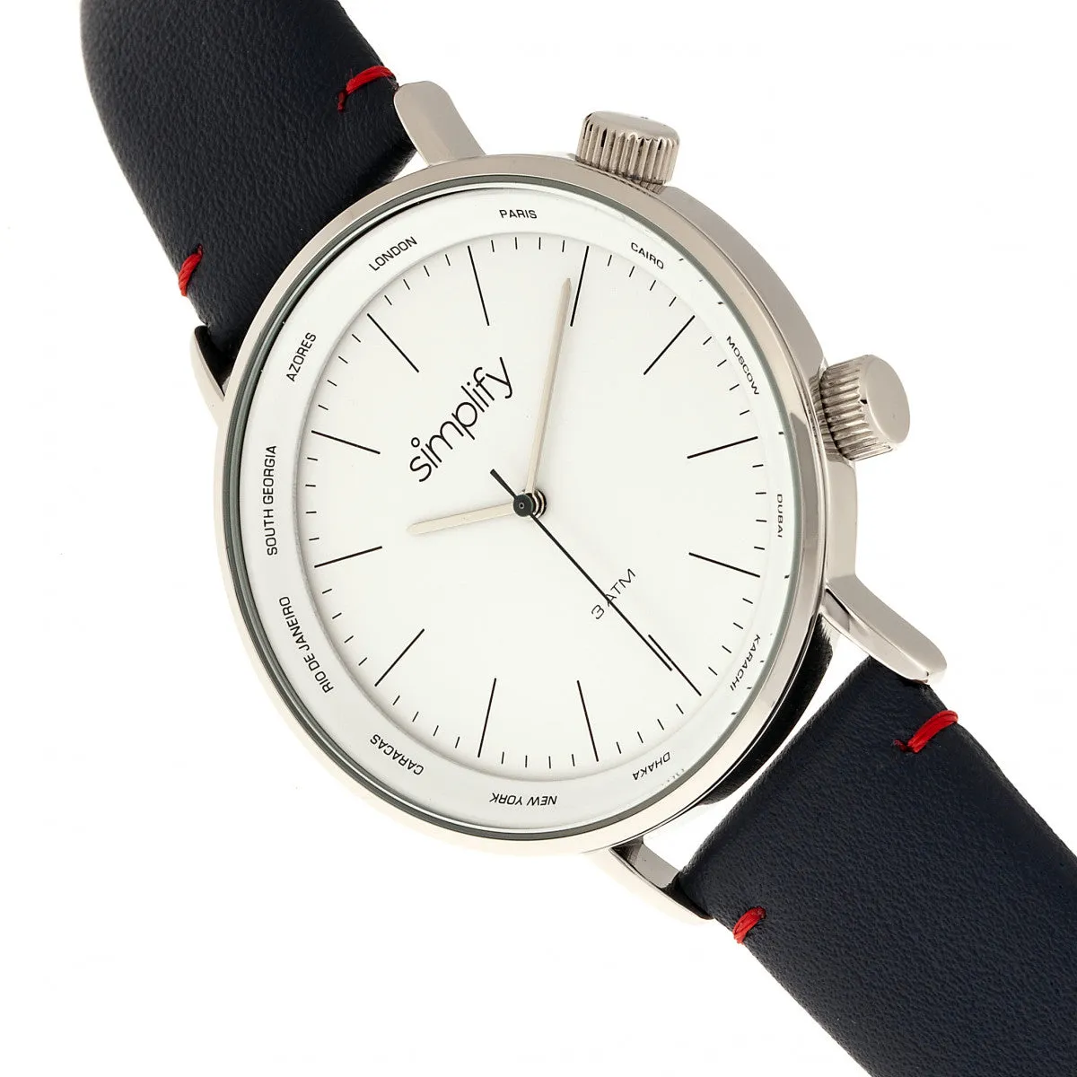 Simplify The 3300 Leather-Band Watch - Navy/White