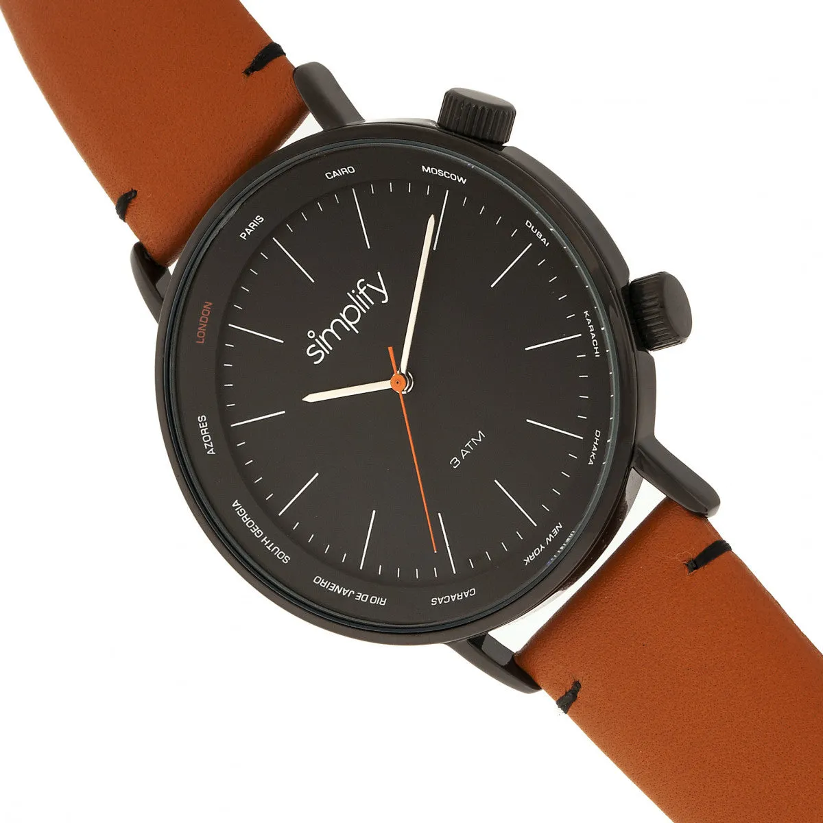 Simplify The 3300 Leather-Band Watch - Orange/Black