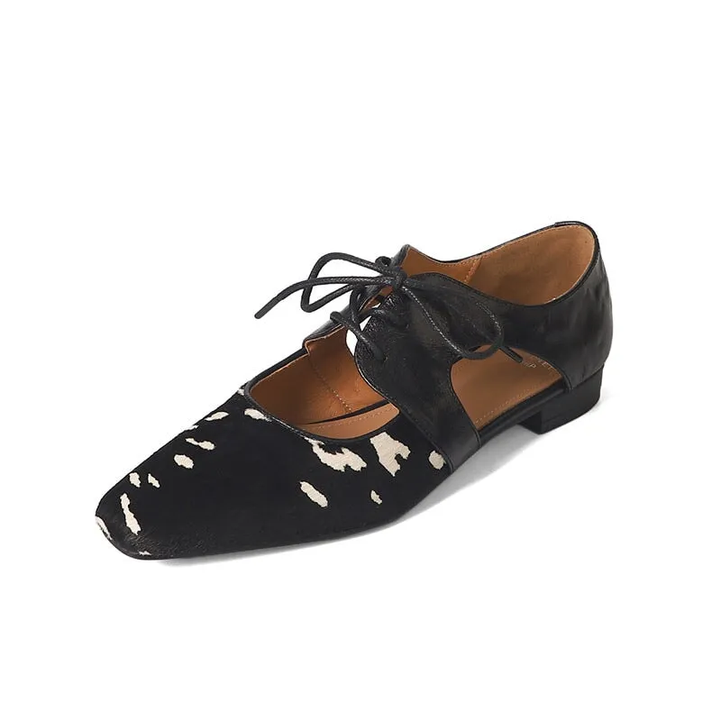 Soft Leather Lace Up Mary Jane Flats Oxfords Handmade in Black/Brown