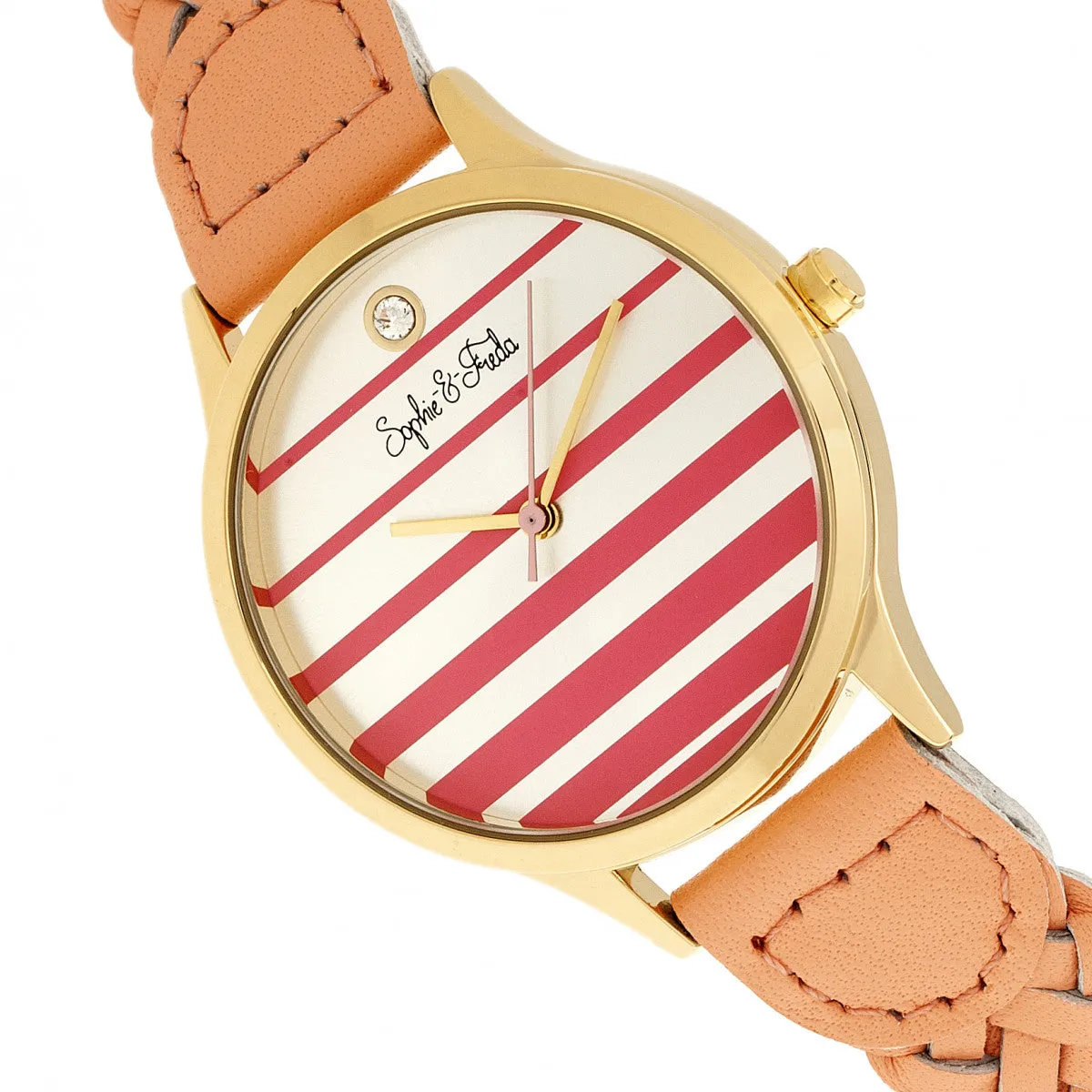 Sophie & Freda Tucson Leather-Band Watch w/Swarovski Crystals - Gold/Coral