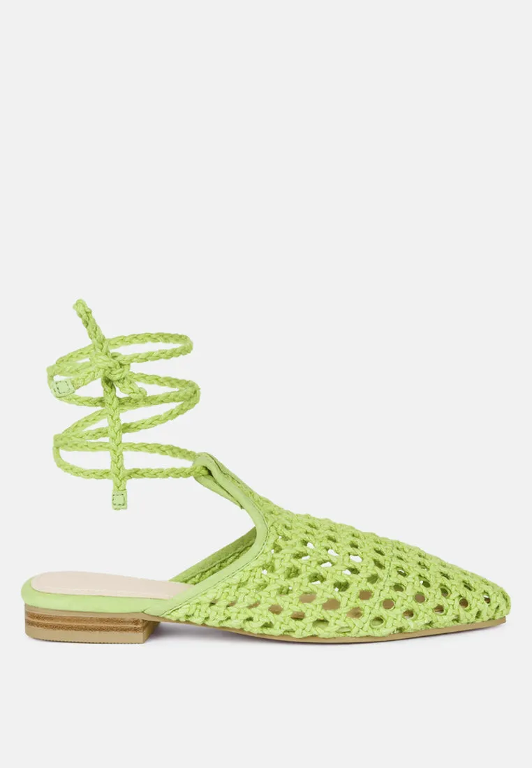 TUTSI Green Handwoven Honeycomb Tie Up Flat Mules