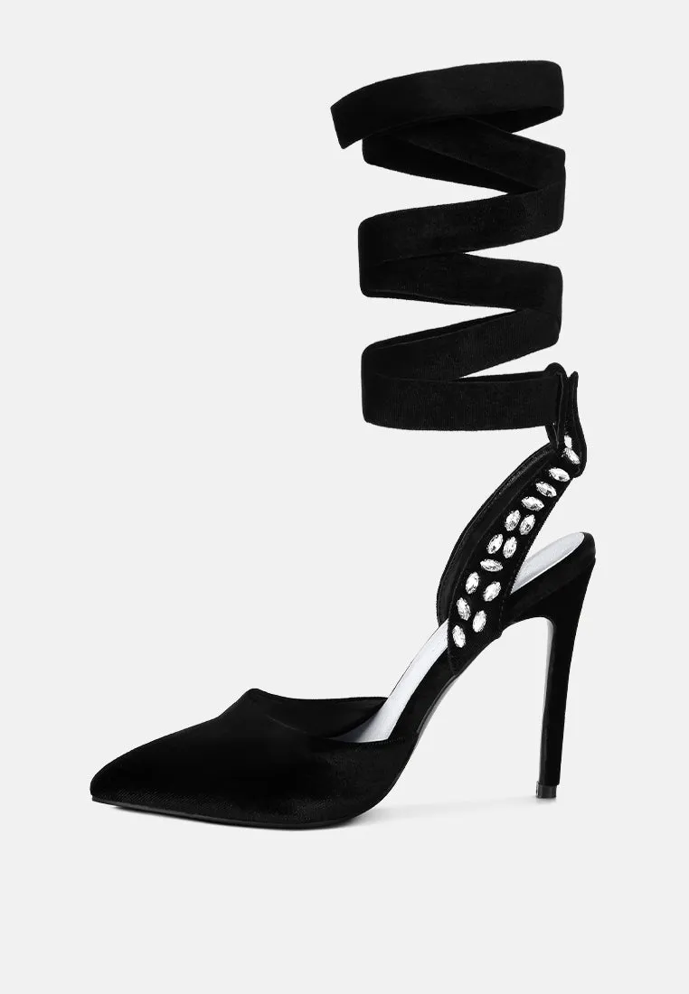 WALLIS Black Diamante Embellished Tie Up Stiletto Sandals