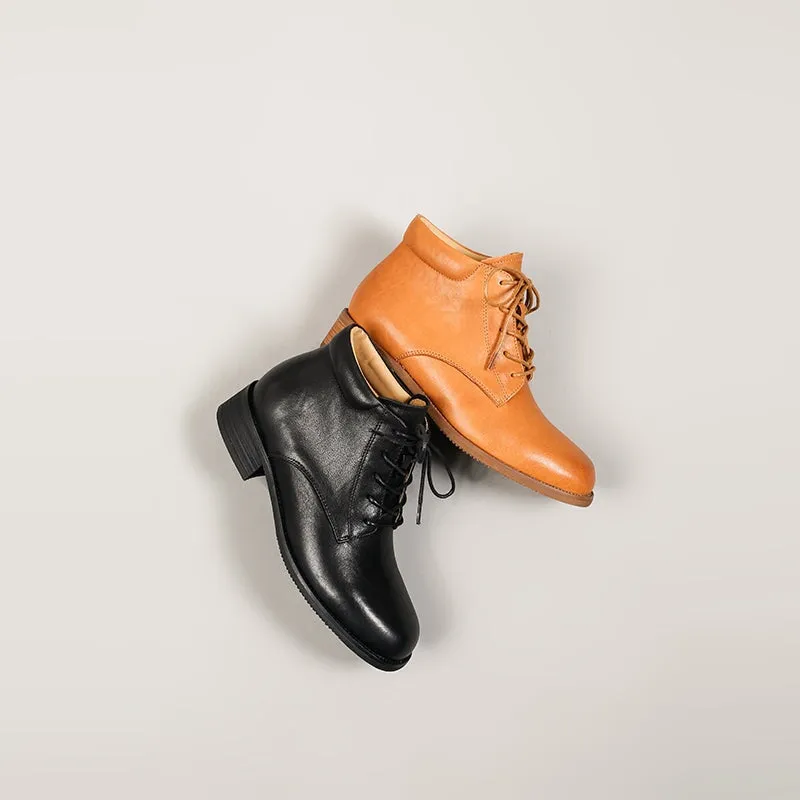 Women's  Low Heel Lace-Up Ankle Martin Boots in Handmade Glossy Leather