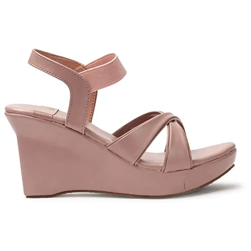 XE Looks Comfortable Peach Wedges Cross Strap Sandals For Women (3 inches heel) -UK 7