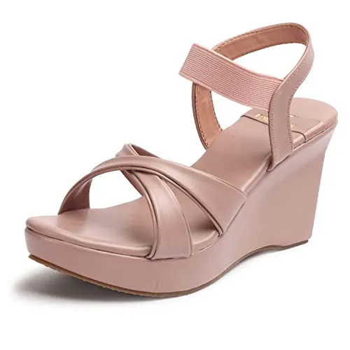 XE Looks Comfortable Peach Wedges Cross Strap Sandals For Women (3 inches heel) -UK 7